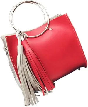 Chezi Women's Faux Leather Red White Tassel Small Tote Bag Satchel