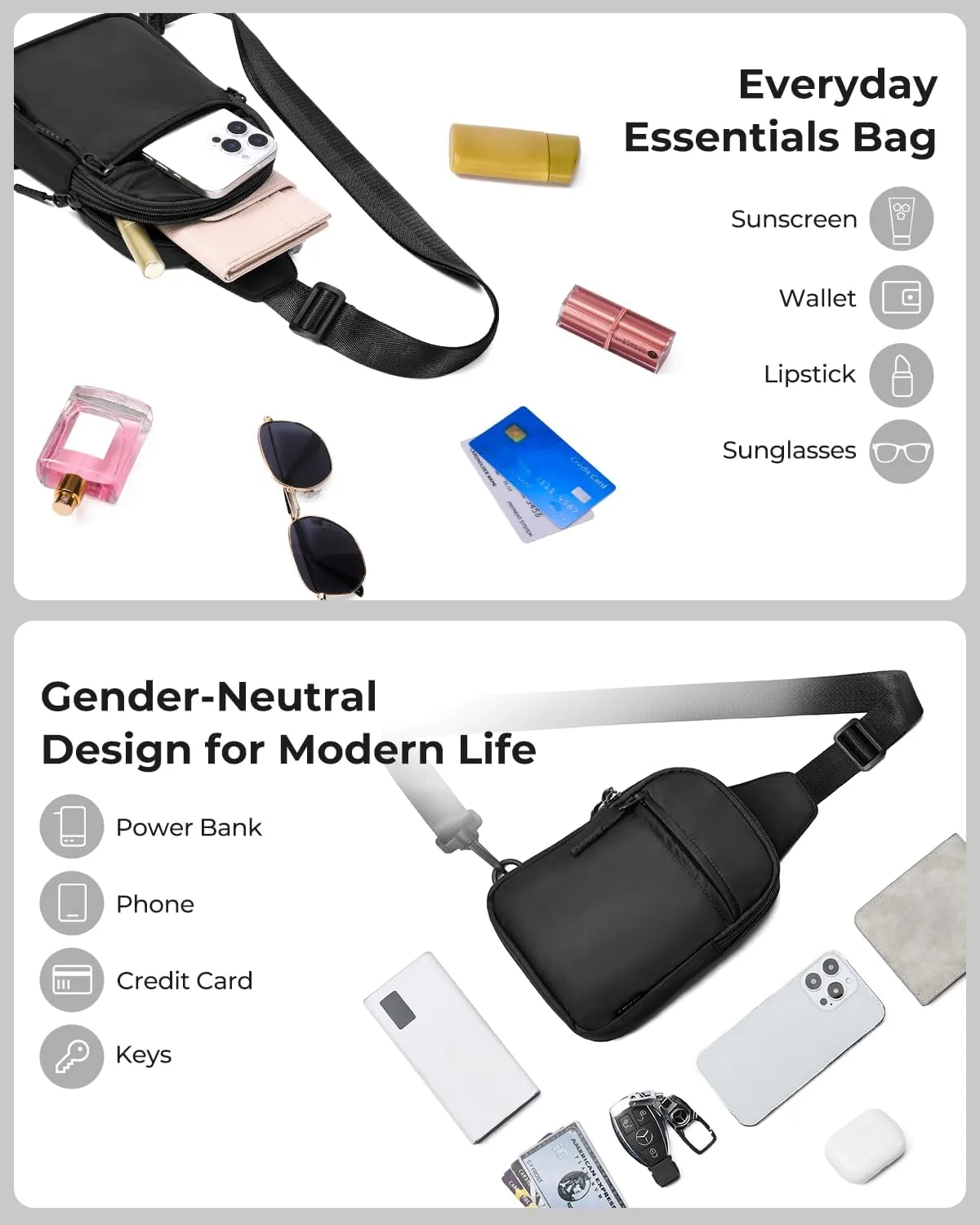 CHOLISS Small Crossbody Bags for Women and Men, Sling Backpack Travel Bag Nylon, Black