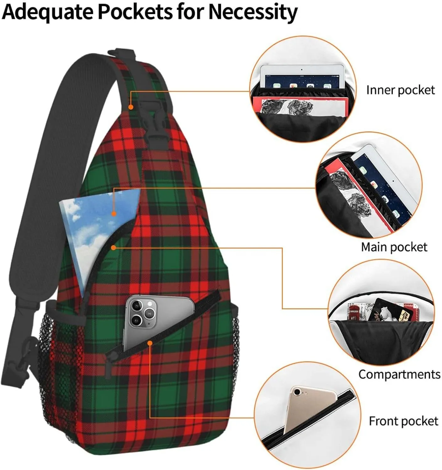 Christmas Plaid Sling Backpack Chest Bag Crossbody Shoulder Bag Gym Cycling Travel Hiking Daypack For Men Women