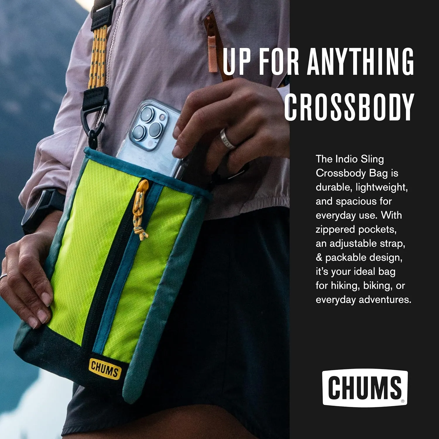 Chums Indio Sling Bag - Compact Nylon Crossbody Bag for Everyday Adventures - Purse w/Removable & Adjustable Straps - Travel Essential for Hiking, Camping, & More - Lime Green/Meadow Green