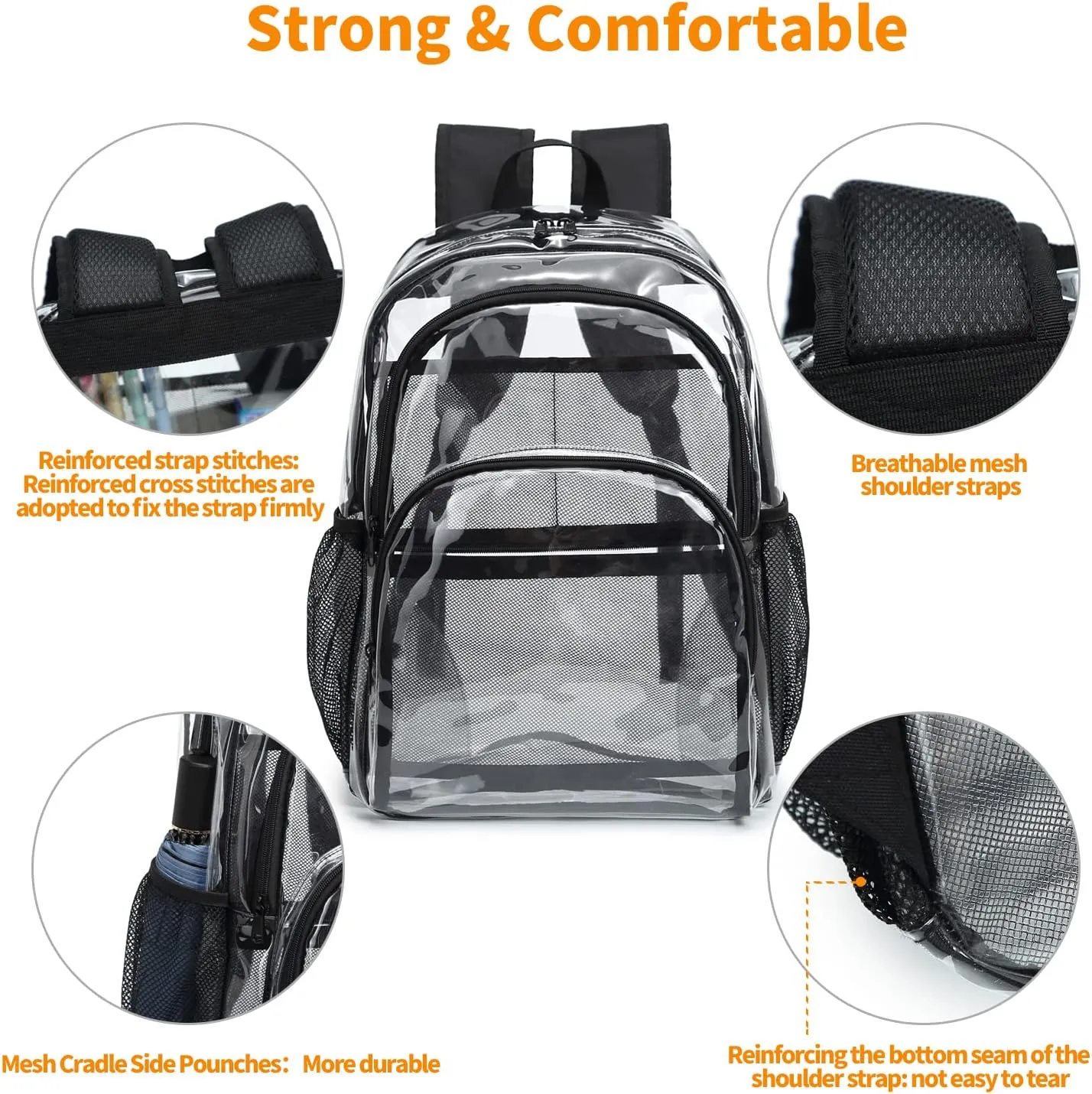 Clear Backpack, Clear Bag Stadium Large See Through Bookbag Heavy Duty PVC Transparent Backpacks for School