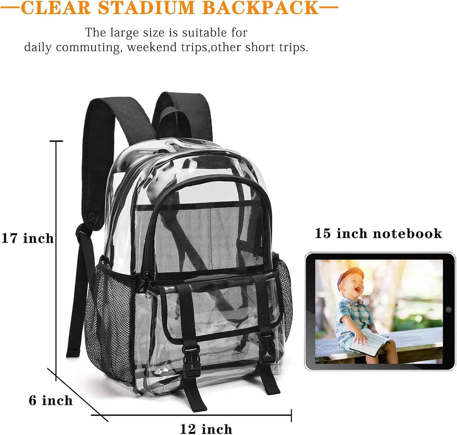 Clear Backpack, Large Clear Amber See Through Bag Heavy Duty Light Brown PVC Transparent Backpacks for College, Work