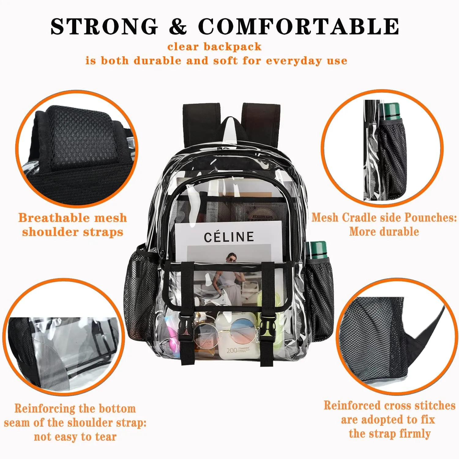 Clear Backpack, Large Clear Amber See Through Bag Heavy Duty Light Brown PVC Transparent Backpacks for College, Work