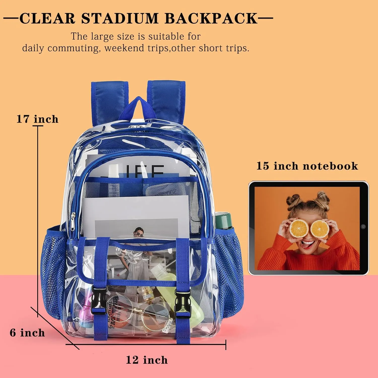 Clear Backpack, Large Clear Bag Stadium Heavy Duty PVC Transparent See Through Backpacks for Boys Girls, College, Work, Blue