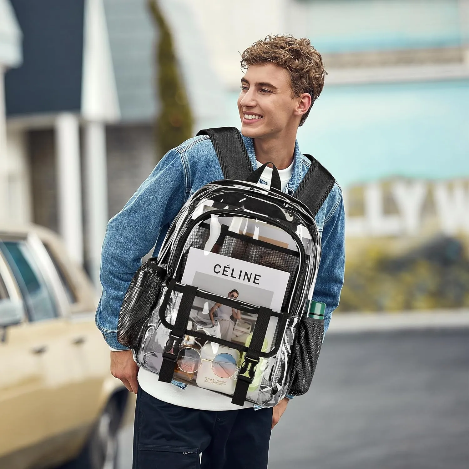 Clear Backpack, Large Clear Bag Stadium Heavy Duty PVC Transparent See Through Backpacks for Boys Girls, College, Work, Blue