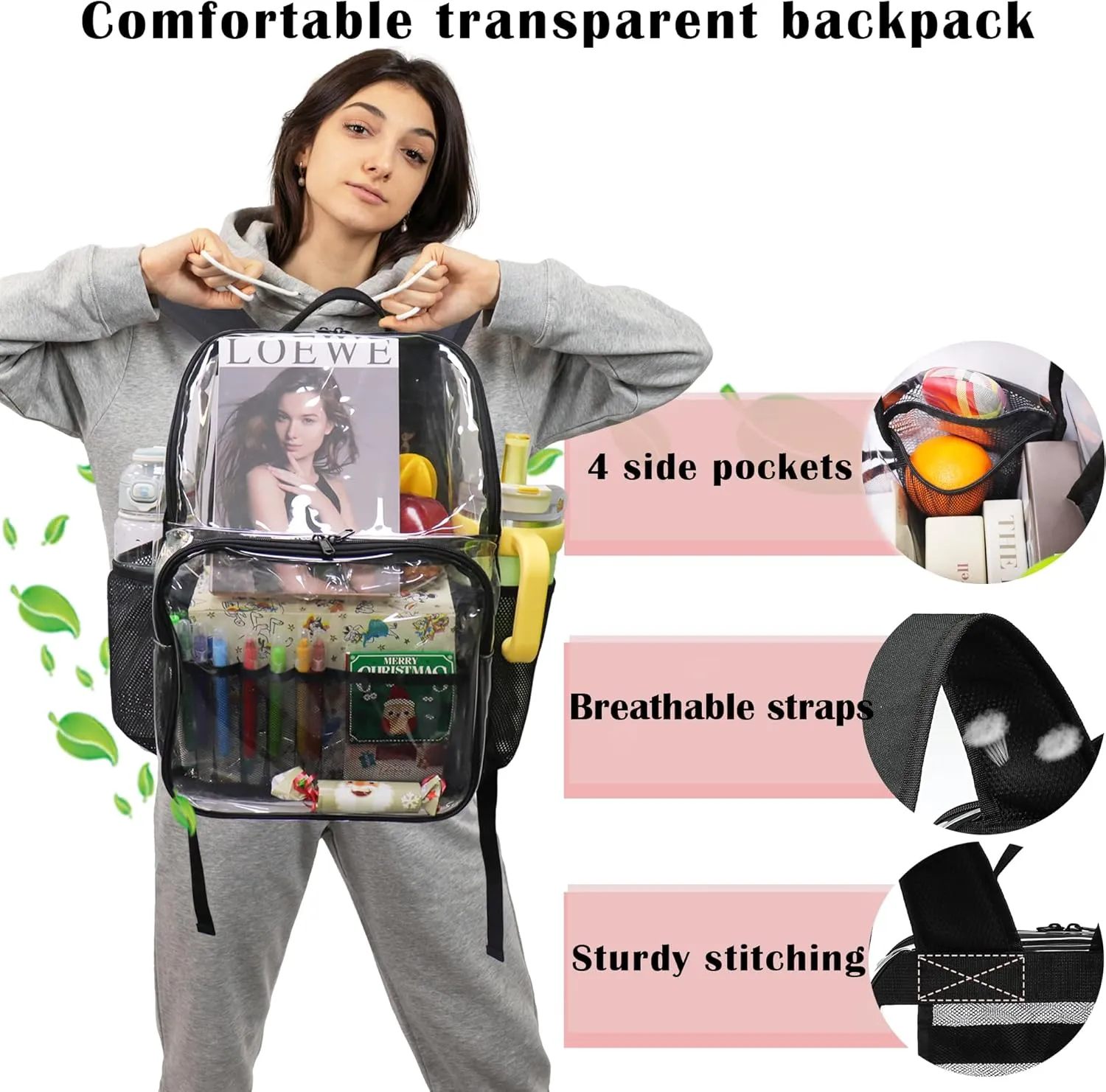 Clear Backpack,See Through Backpack School Approved Heavy Duty Clear Backpack Transparent Bookbag for College Work Travel Security,Coffee
