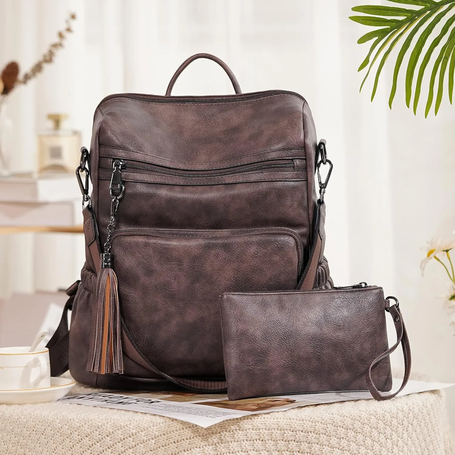 CLUCI Backpack Purse for Women Leather Fashion Designer Travel Ladies Shoulder Bags with Wristlet