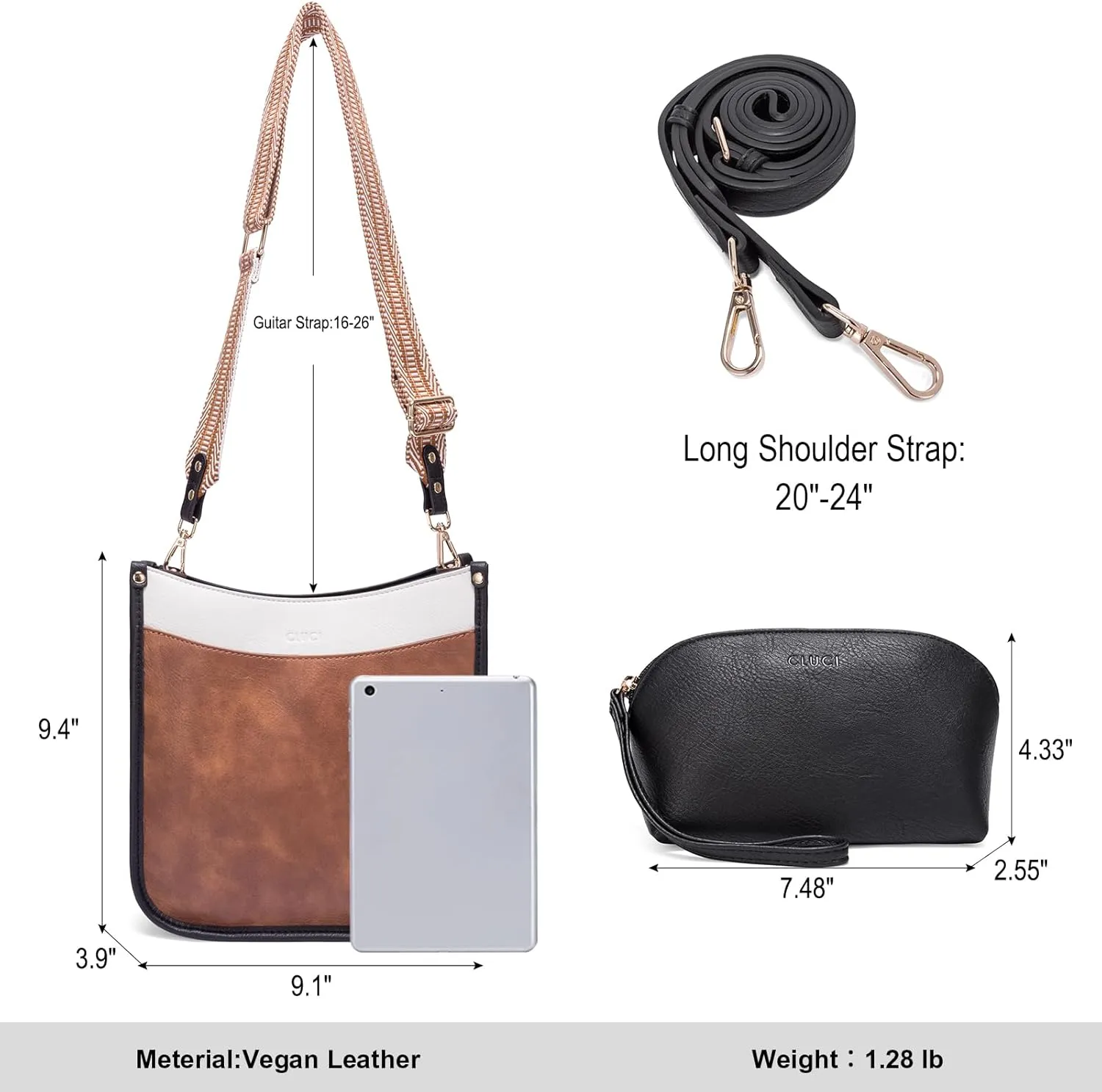 CLUCI Purses for Women, Vegen Leather Crossbody Bags for Woman Trendy, 2PCS Hobo Handbag with 2 Adjustable Guitar Strap