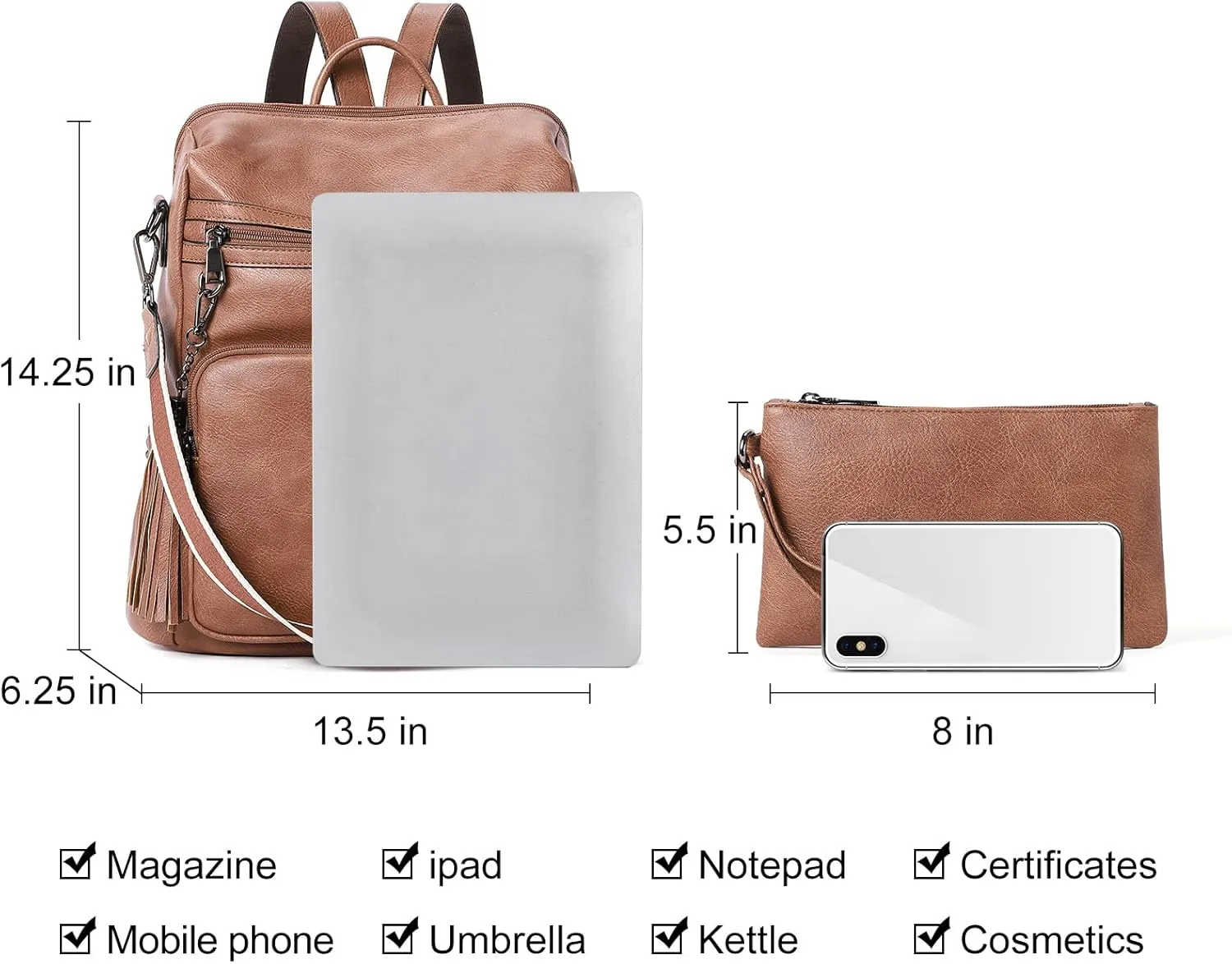 CLUCI Womens Backpack Purse Leather Backpack Large Fashion Designer Travel Ladies Shoulder Bags with Wristlet 2PCS