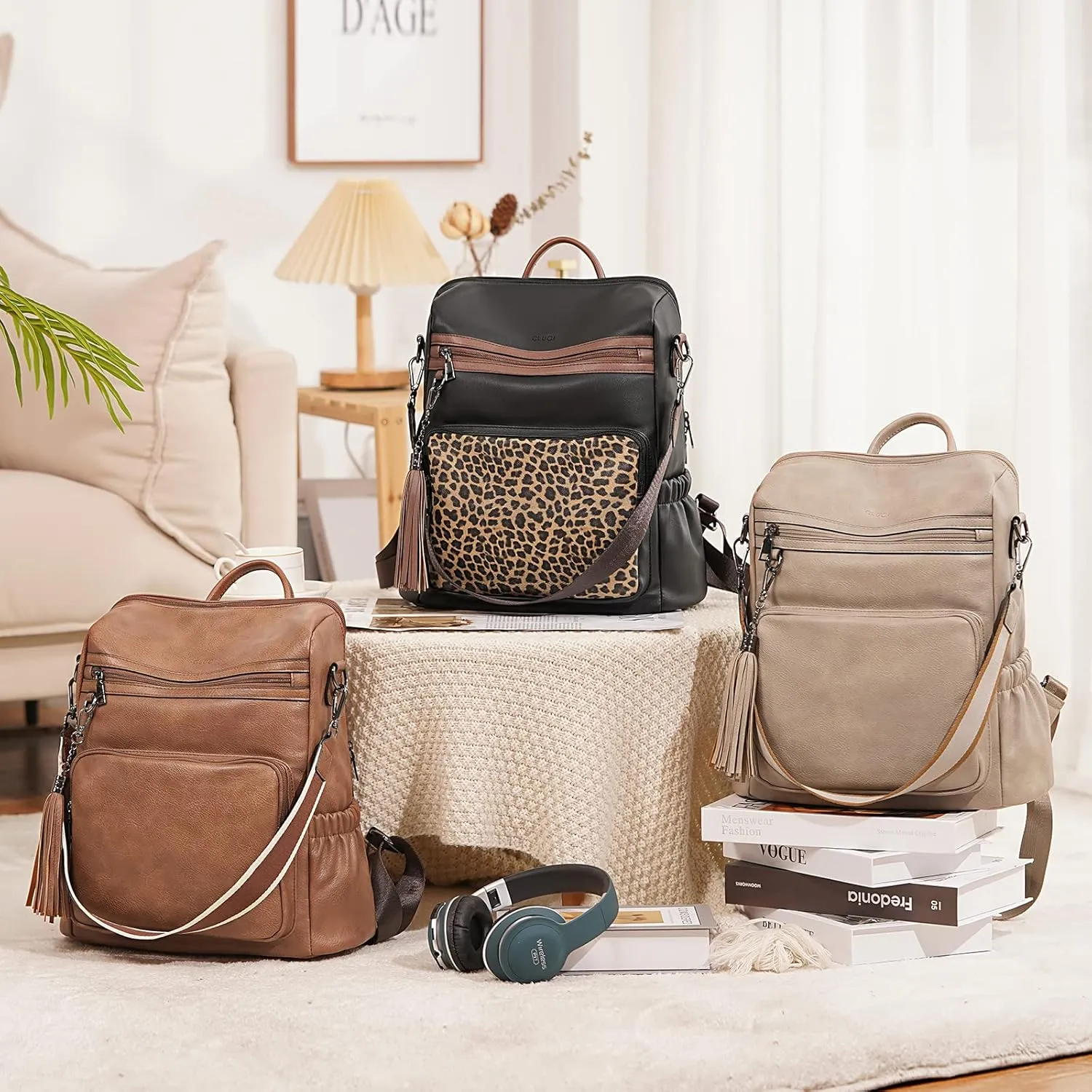 CLUCI Womens Backpack Purse Leather Backpack Large Fashion Designer Travel Ladies Shoulder Bags with Wristlet 2PCS