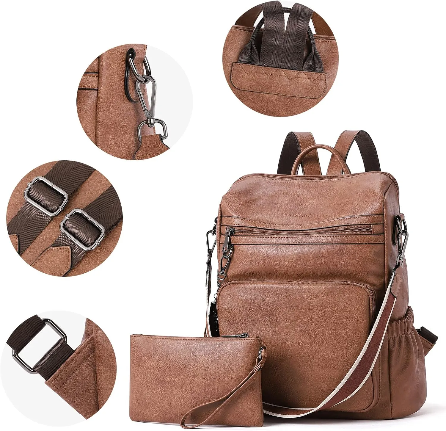 CLUCI Womens Backpack Purse Leather Backpack Large Fashion Designer Travel Ladies Shoulder Bags with Wristlet 2PCS