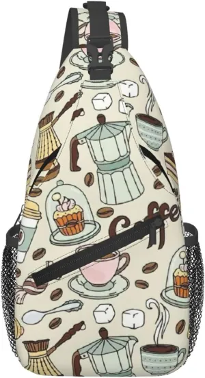 Coffee And Sweets Sugar Chocolate Print Sling Bag Crossbody Backpack For Women Men Hiking Travel Over The Shoulder Multipurpose Bag