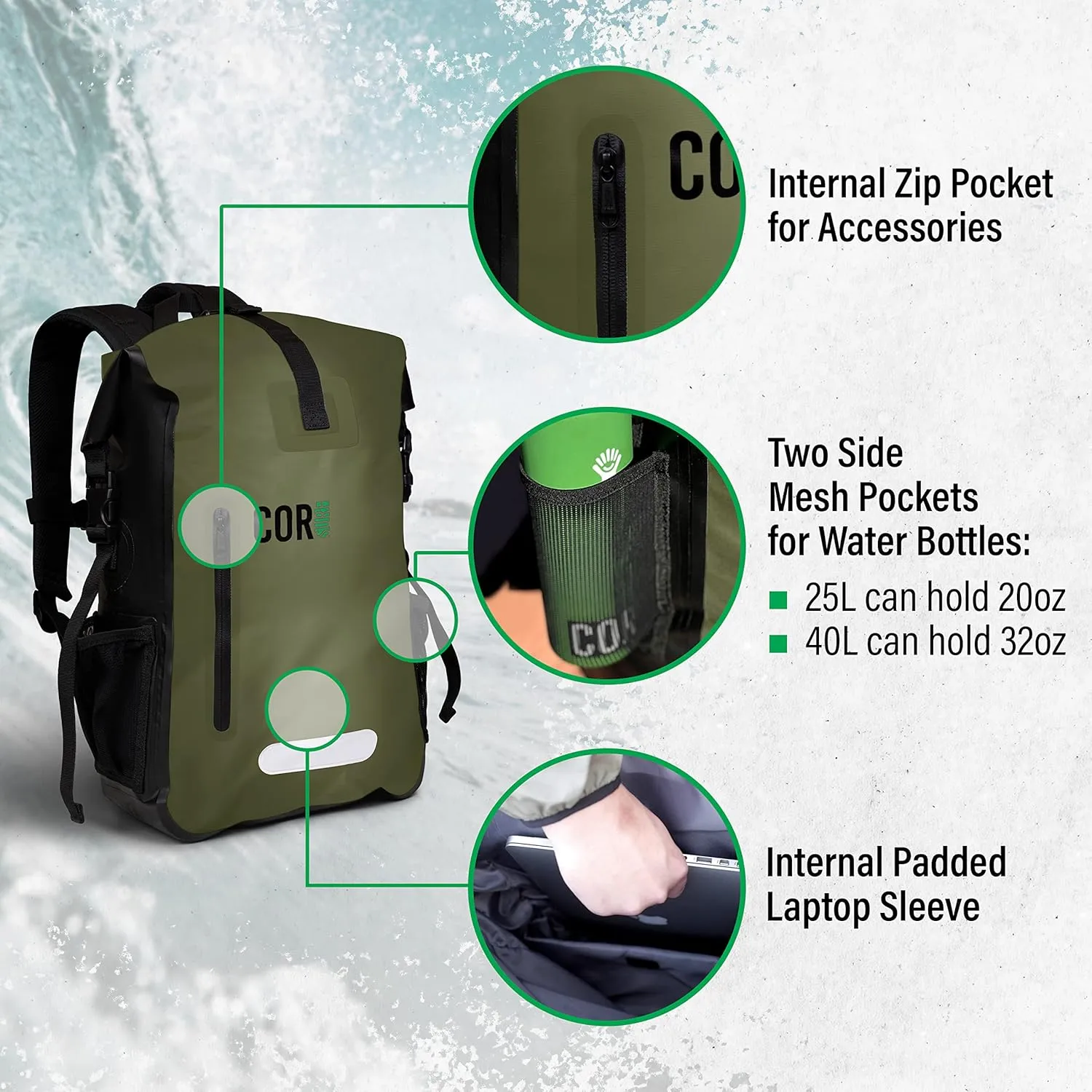 COR Surf Waterproof Heavy Duty Backpack And Dry Bag Pack For Swimming, Boating Or Kayaking, Roll-top Design With Sonically Welded Seams And Padded Laptop Sleeve (25L, 18 x 13 x 7 Inches)
