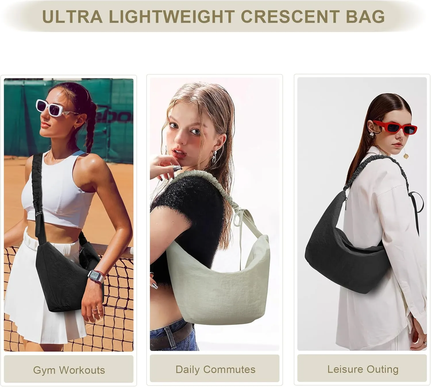 CORALDAISY Crescent Bag Hobo Crossbody Bags for Women Tote Handbag Ruched Shoulder Bag Lightweight Casual Sling Bag