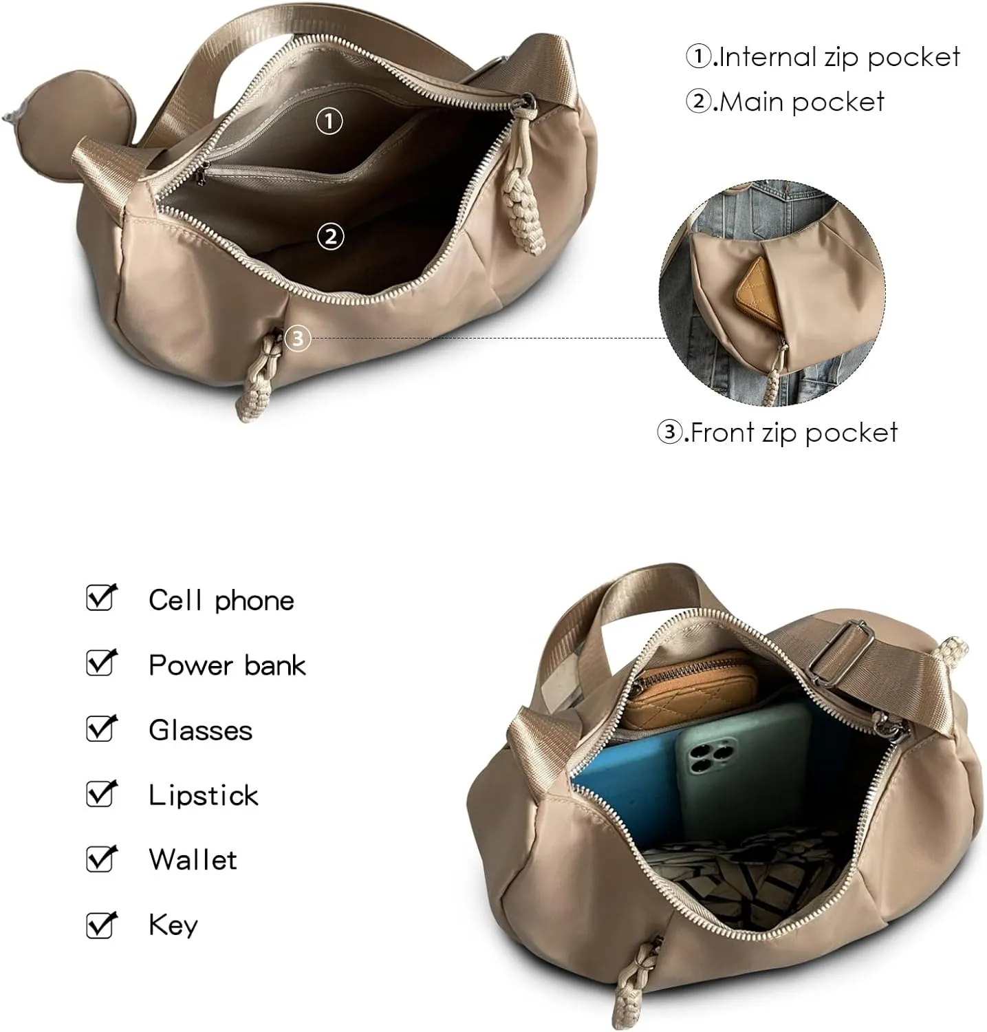 Crescent Shoulder Bag for Women Nylon Crossbody Purses Trendy Hobo Bags Medium Sling Bag Travel Slouchy Dumpling Bag