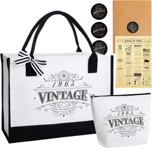 Crisky Birthday Gifts for Women Canvas Tote Bag Vintage Beach Bag and Cosmetic Bag, Gift Card with Envelope & Stickers