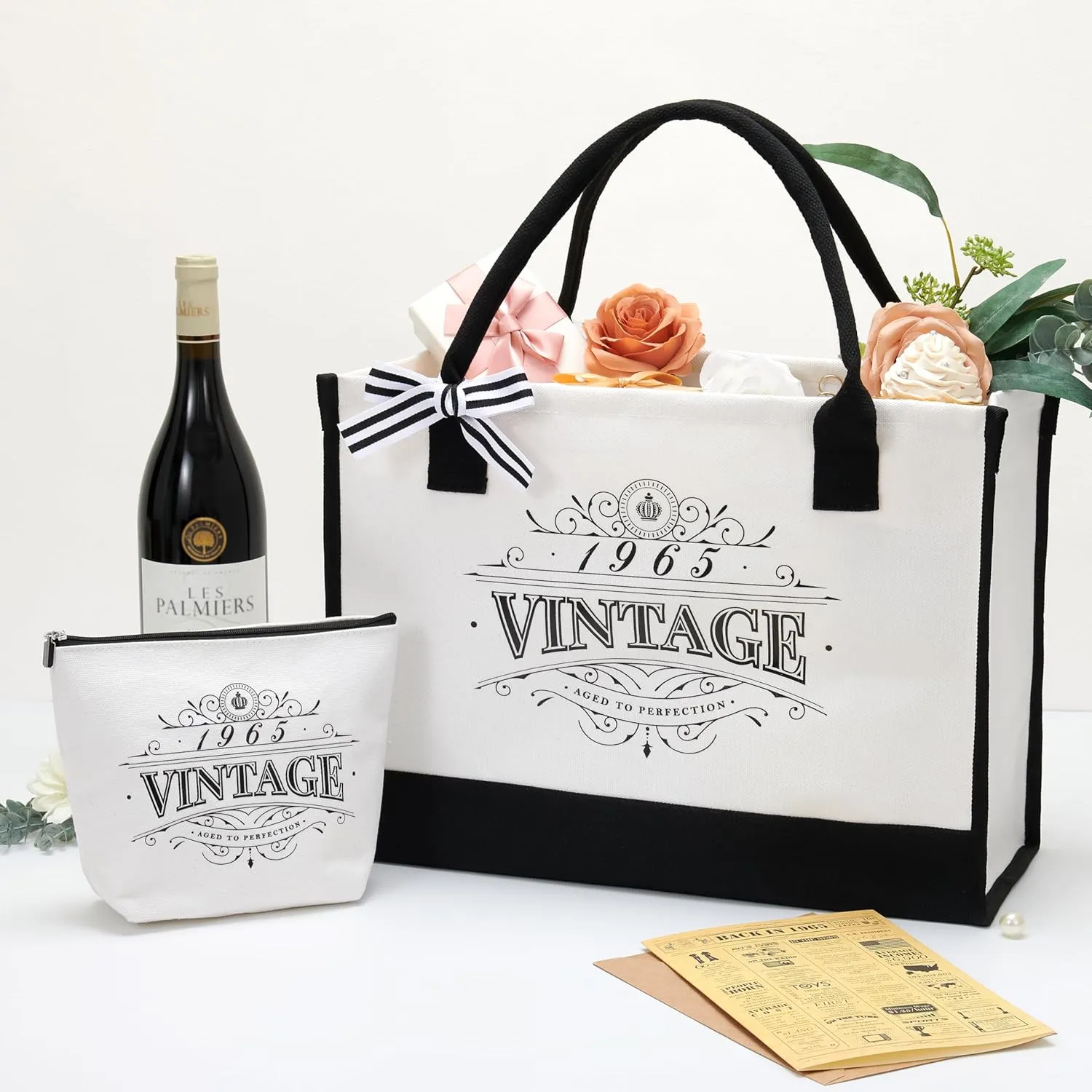 Crisky Birthday Gifts for Women Canvas Tote Bag Vintage Beach Bag and Cosmetic Bag, Gift Card with Envelope & Stickers
