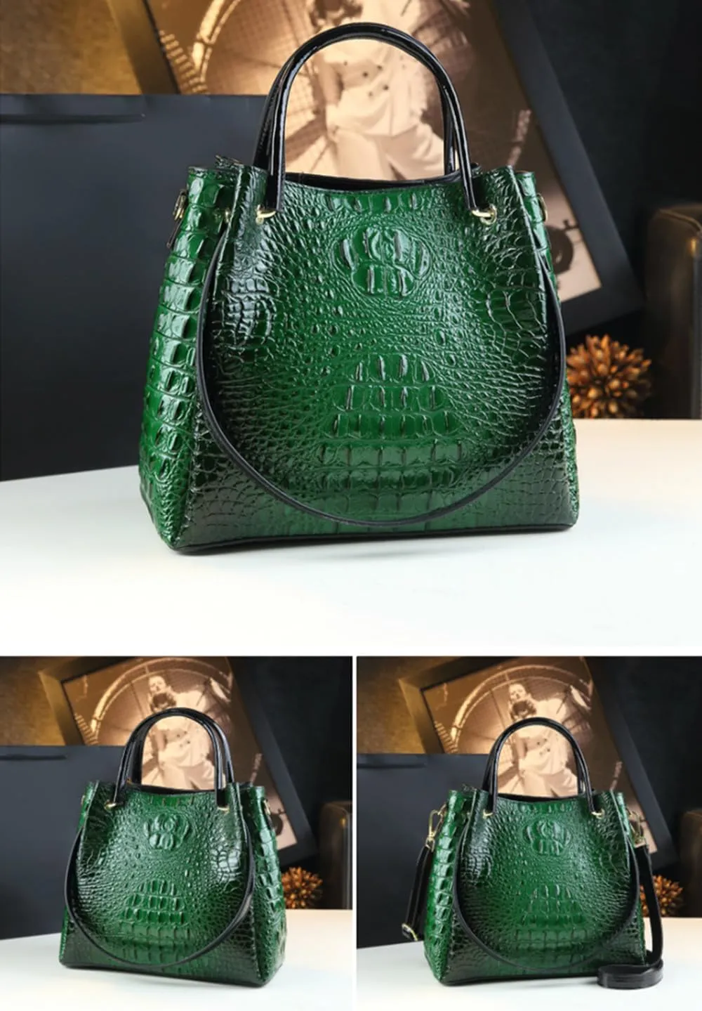 Crocodile Pattern Leather Women's Bag Top-Handle Satchel Handbags Bucket Purse Portable Tote Bag Shoulder Messenger Bags