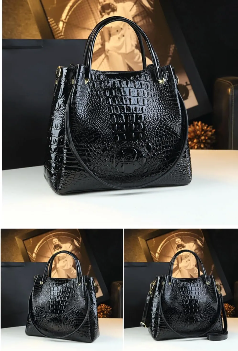 Crocodile Pattern Leather Women's Bag Top-Handle Satchel Handbags Bucket Purse Portable Tote Bag Shoulder Messenger Bags
