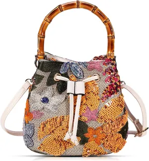 Crossbody Bags for Women, Beach Bag, Hand Embroidered Tot Bag, Bamboo carry handle Bucket bag, Bohemian Handbags Suitable for Vacation Travel Daily Matching