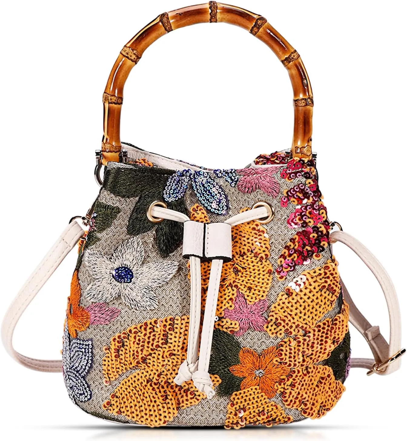 Crossbody Bags for Women, Beach Bag, Hand Embroidered Tot Bag, Bamboo carry handle Bucket bag, Bohemian Handbags Suitable for Vacation Travel Daily Matching