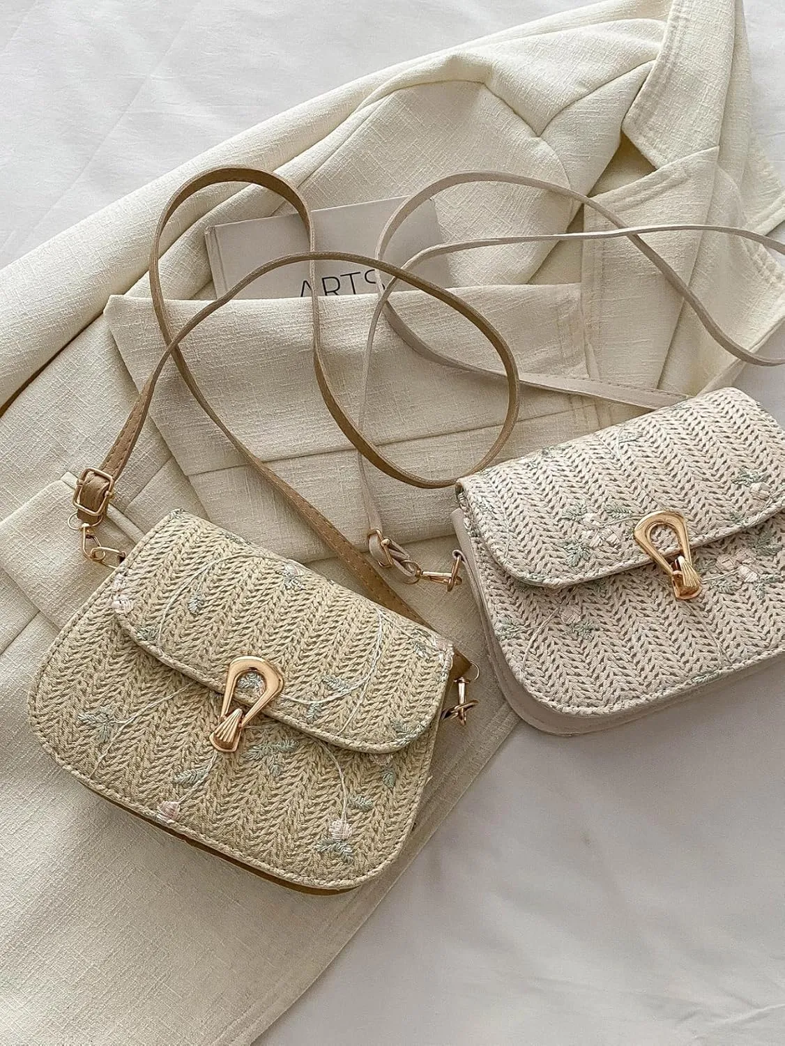 Crossbody Braided Straw Bag Small Embroidery Shoulder Bucket Bag Women Lightweight Hand Clutch