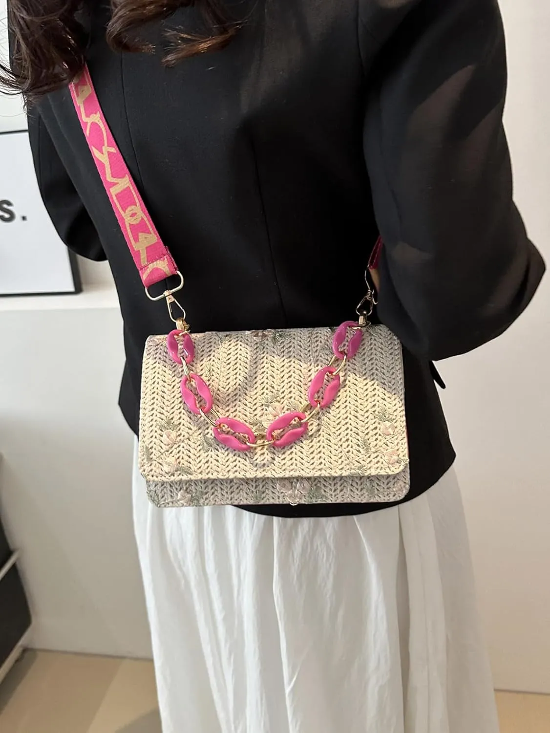 Crossbody Braided Straw Bag Small Embroidery Shoulder Bucket Bag Women Lightweight Hand Clutch