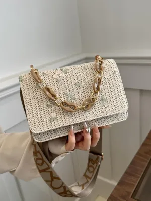 Crossbody Braided Straw Bag Small Embroidery Shoulder Bucket Bag Women Lightweight Hand Clutch
