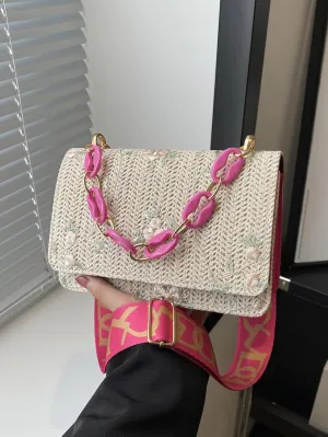 Crossbody Braided Straw Bag Small Embroidery Shoulder Bucket Bag Women Lightweight Hand Clutch