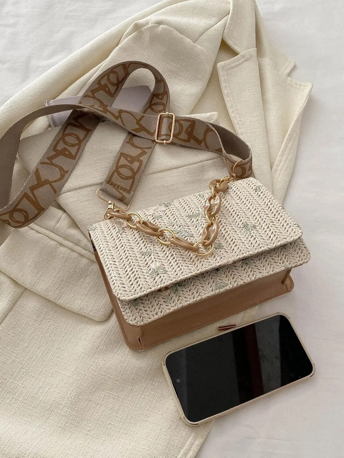 Crossbody Braided Straw Bag Small Embroidery Shoulder Bucket Bag Women Lightweight Hand Clutch