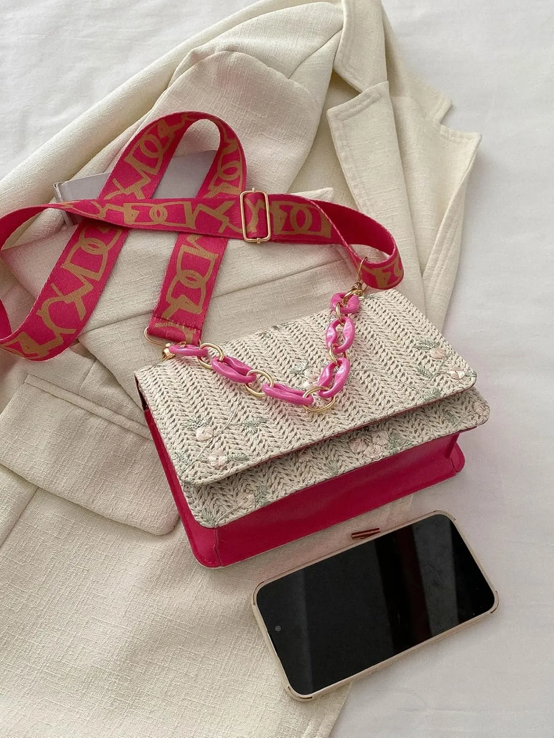 Crossbody Braided Straw Bag Small Embroidery Shoulder Bucket Bag Women Lightweight Hand Clutch