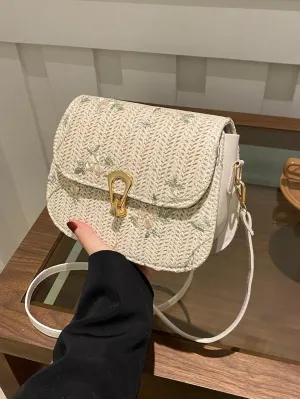 Crossbody Braided Straw Bag Small Embroidery Shoulder Bucket Bag Women Lightweight Hand Clutch