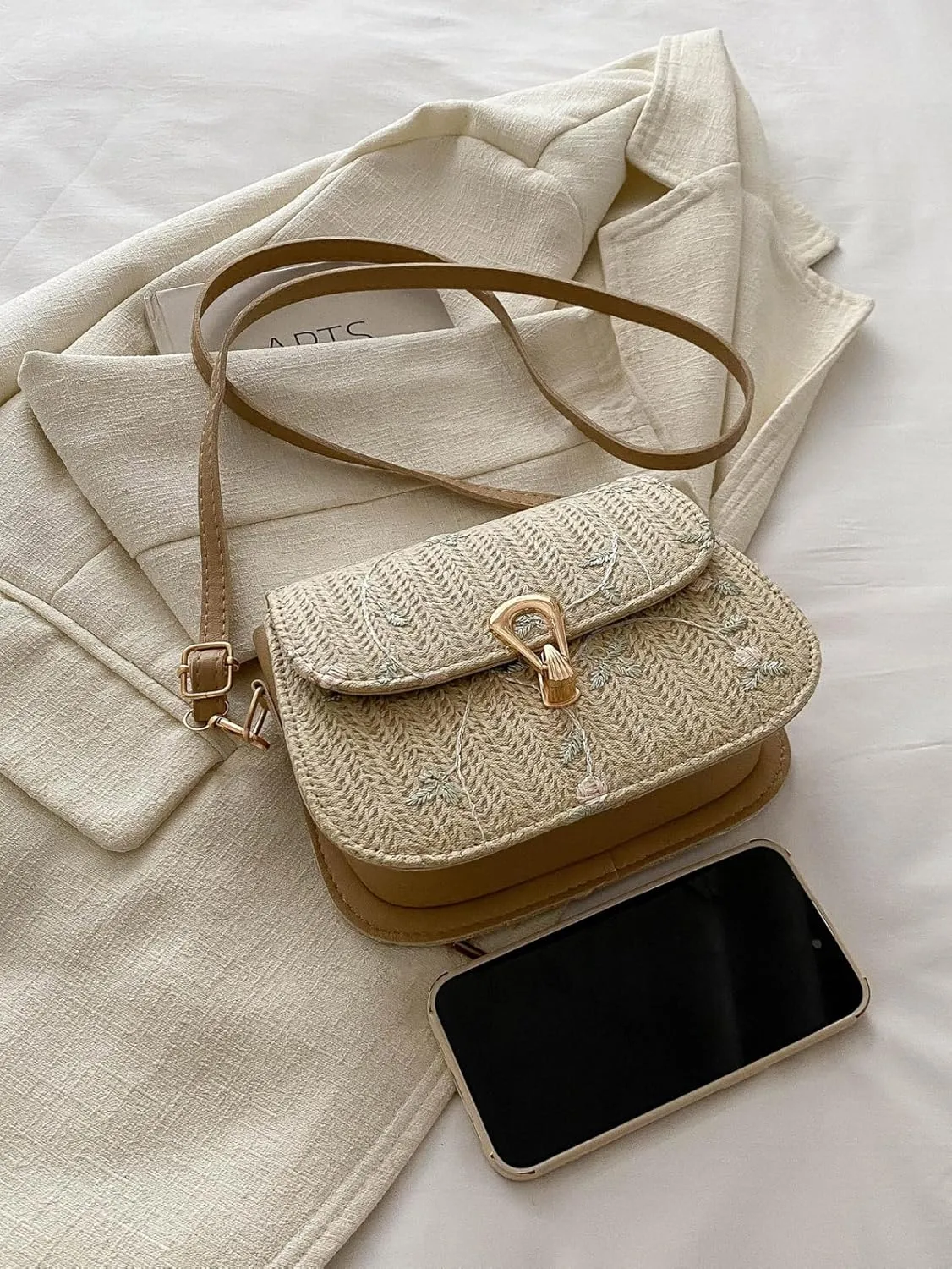 Crossbody Braided Straw Bag Small Embroidery Shoulder Bucket Bag Women Lightweight Hand Clutch