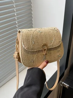 Crossbody Braided Straw Bag Small Embroidery Shoulder Bucket Bag Women Lightweight Hand Clutch