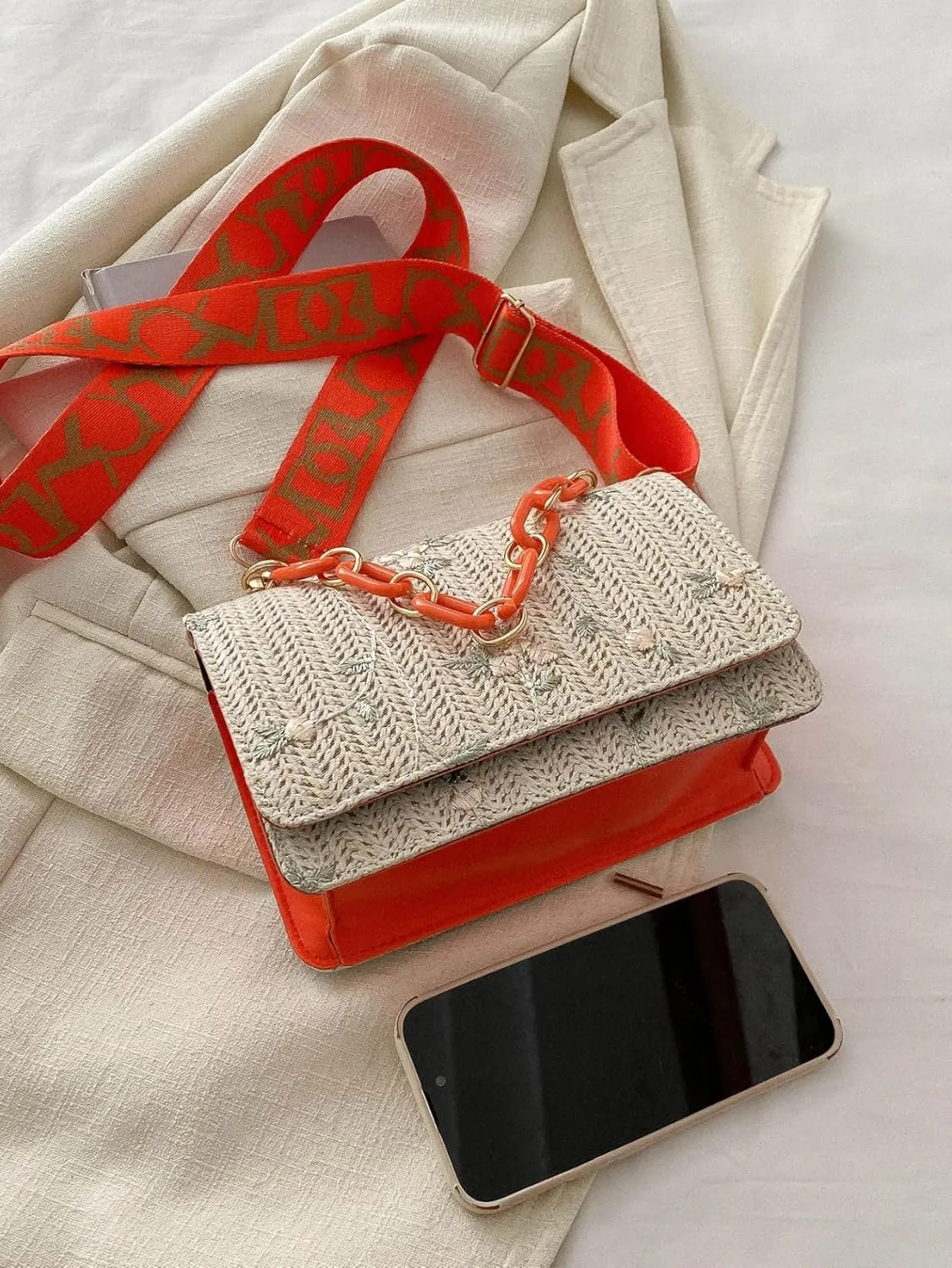Crossbody Braided Straw Bag Small Embroidery Shoulder Bucket Bag Women Lightweight Hand Clutch