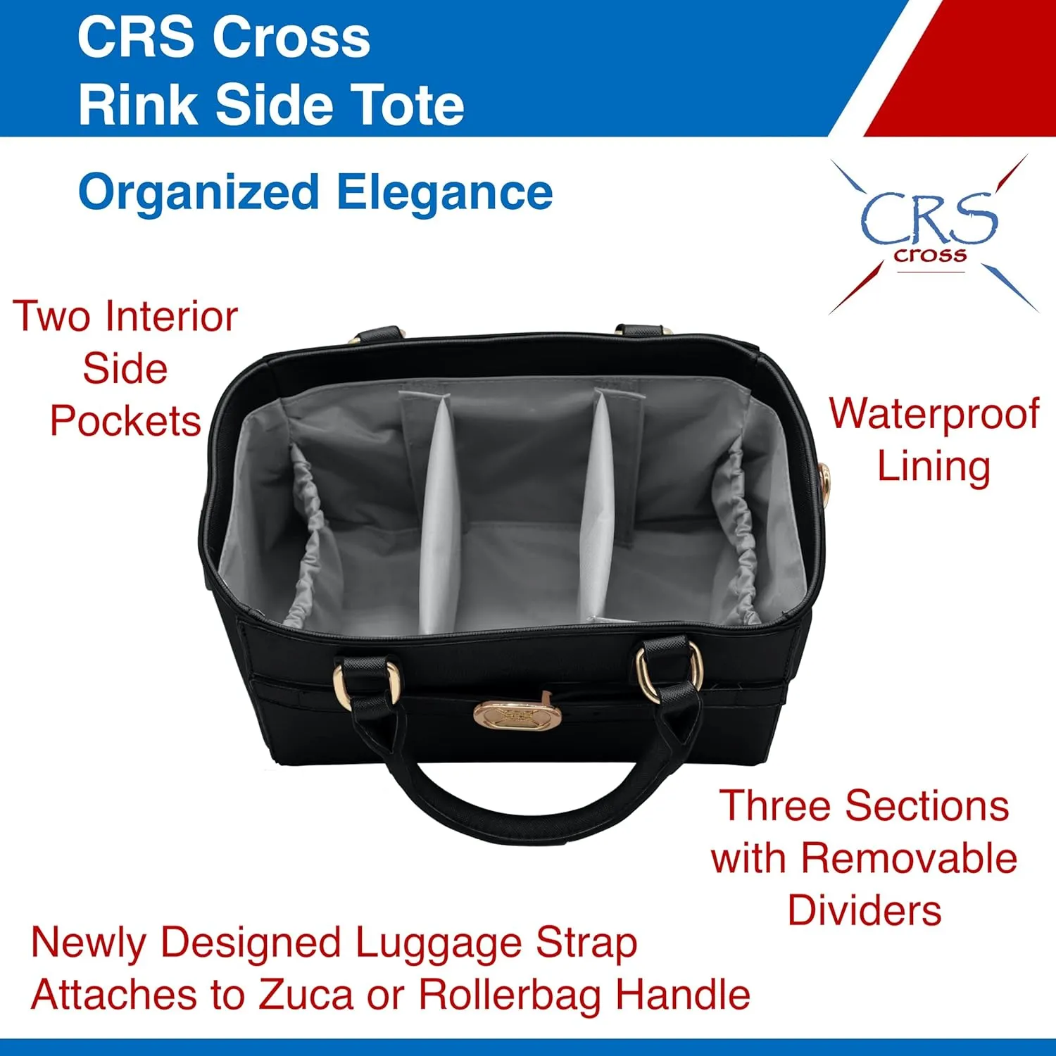 CRS Cross Rink Side Tote. Ice Skating Accessory Bag for Figure Skating, Roller and Inline Skaters, Ballet, Dance and Cheer. Organizes Guards, Water Bottle, Tissues, Phone.