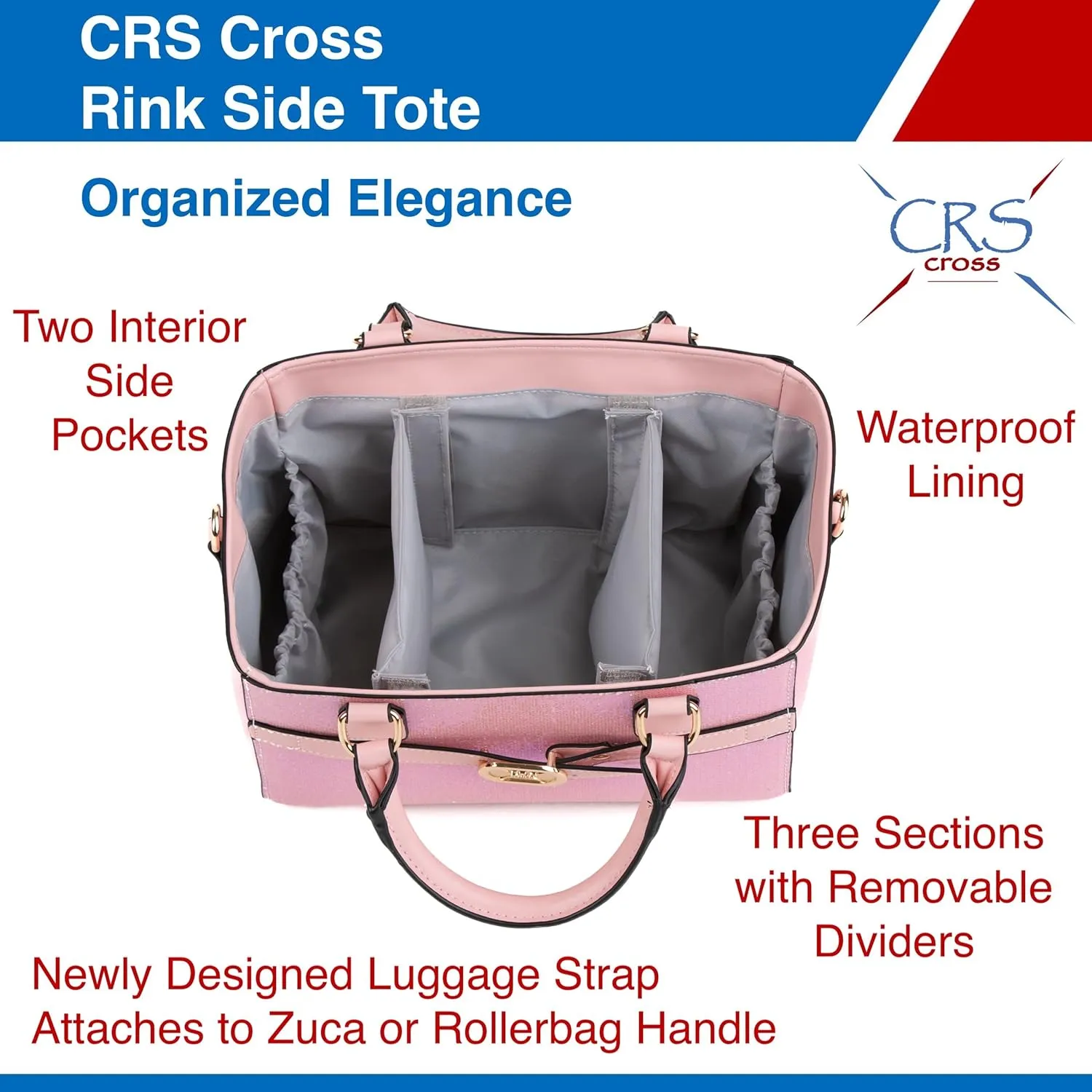 CRS Cross Rink Side Tote. Ice Skating Accessory Bag for Figure Skating, Roller and Inline Skaters, Ballet, Dance and Cheer. Organizes Guards, Water Bottle, Tissues, Phone.
