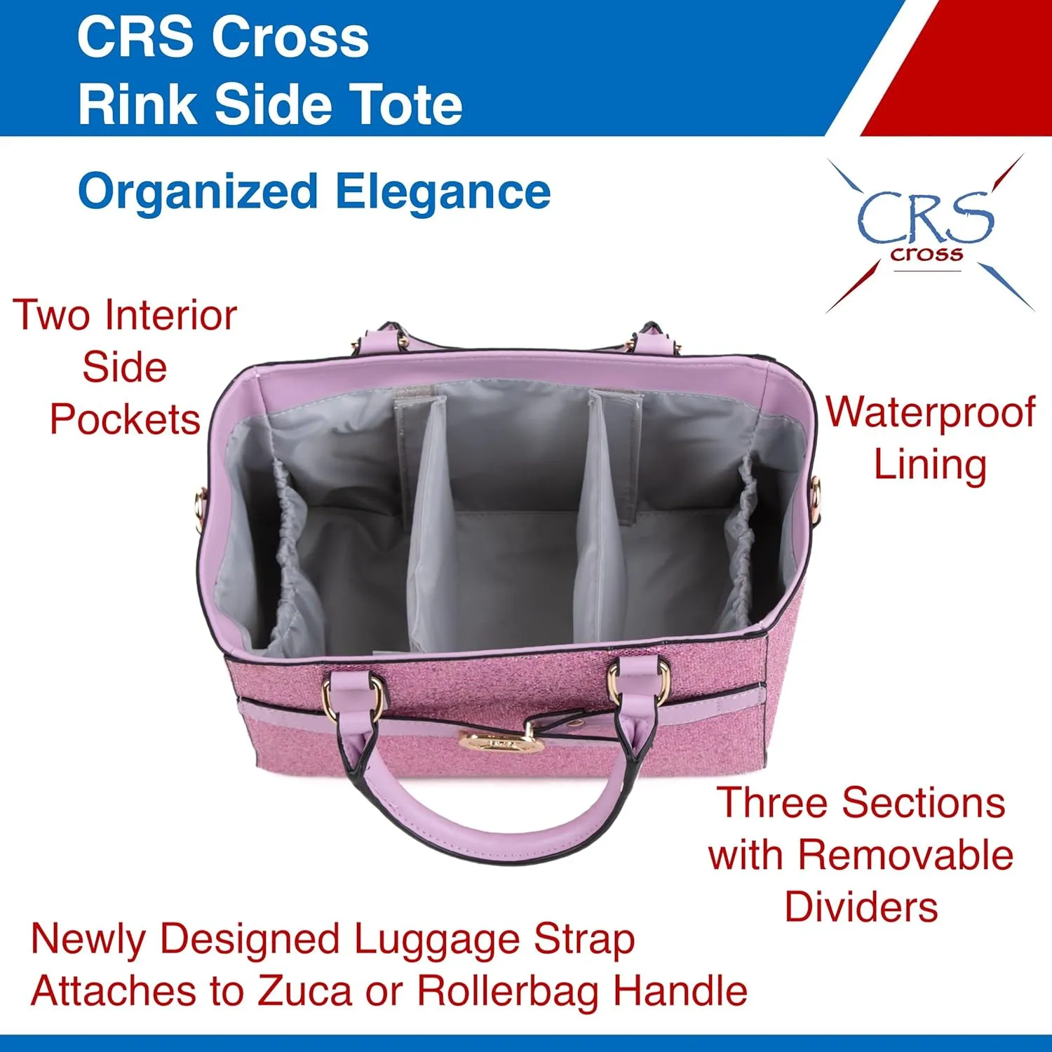 CRS Cross Rink Side Tote. Ice Skating Accessory Bag for Figure Skating, Roller and Inline Skaters, Ballet, Dance and Cheer. Organizes Guards, Water Bottle, Tissues, Phone.