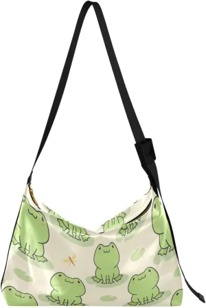 Cute Frog Pattern Hobo Crossbody Bags for Women Leather Large Shoulder Bag Cross Body Dragonfly Trendy Womens Tote Bags Handbag for Travel Shopping