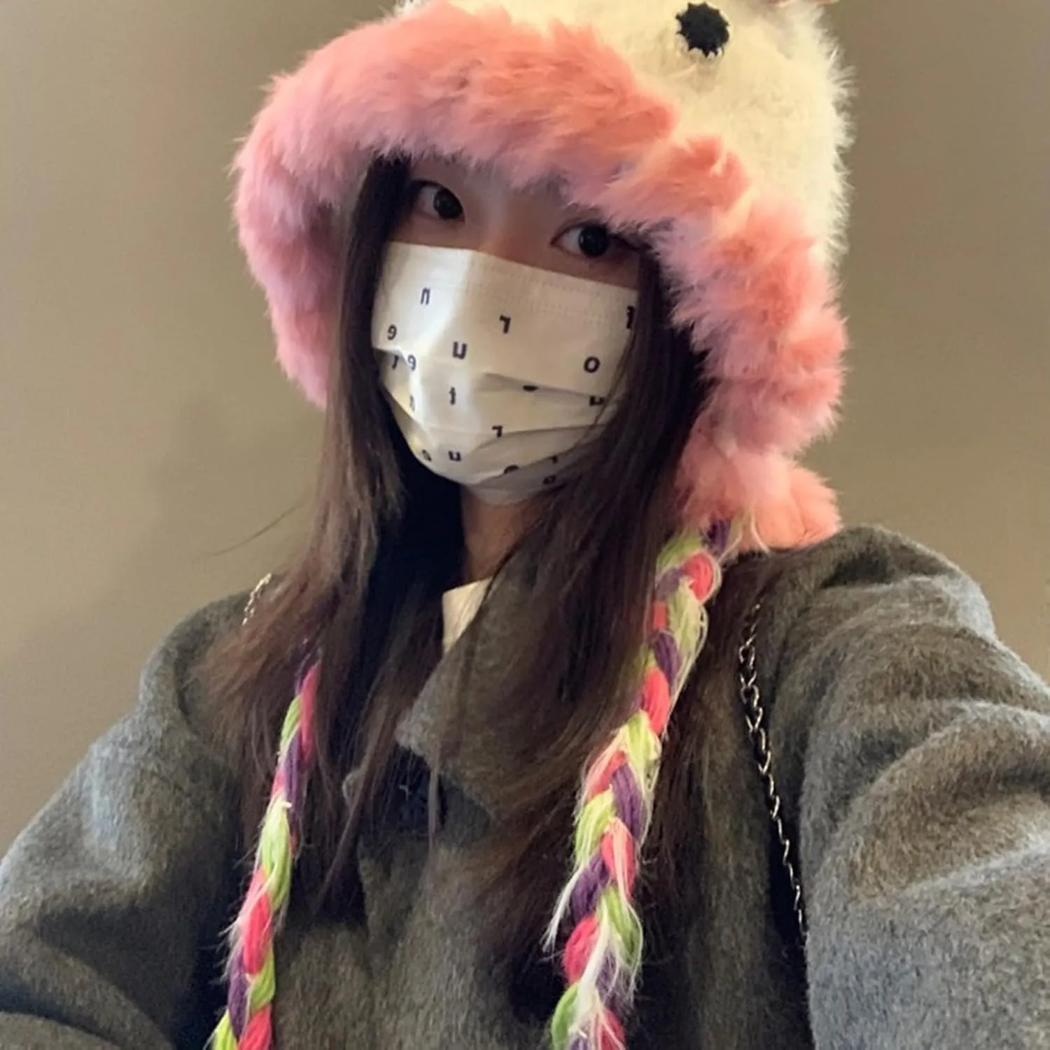 Cute Novelty Cartoon Fuzzy Bucket Hats for Women Girls Windproof Faux Fur Trim Braided Drawstring Winter Warm Earflaps Caps