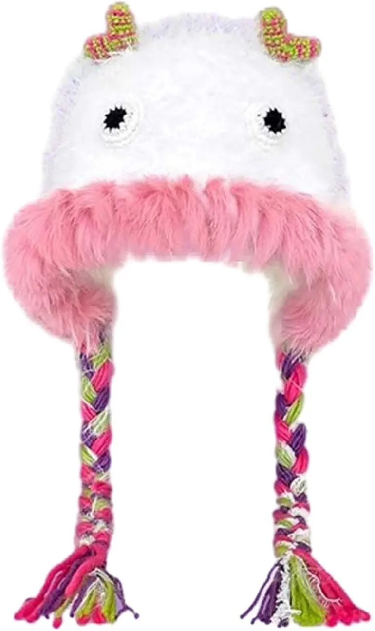 Cute Novelty Cartoon Fuzzy Bucket Hats for Women Girls Windproof Faux Fur Trim Braided Drawstring Winter Warm Earflaps Caps