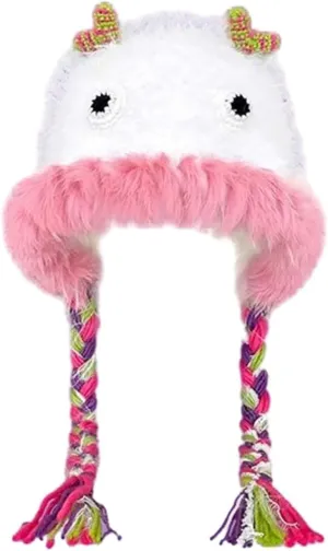 Cute Novelty Cartoon Fuzzy Bucket Hats for Women Girls Windproof Faux Fur Trim Braided Drawstring Winter Warm Earflaps Caps
