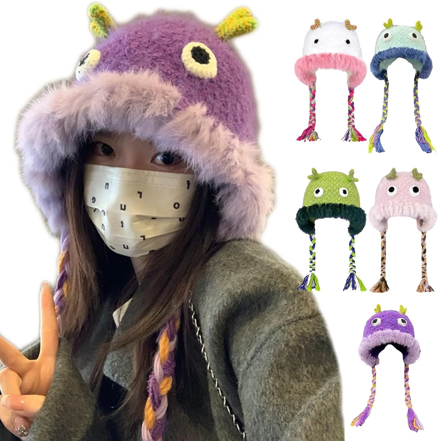 Cute Novelty Cartoon Fuzzy Bucket Hats for Women Girls Windproof Faux Fur Trim Braided Drawstring Winter Warm Earflaps Caps