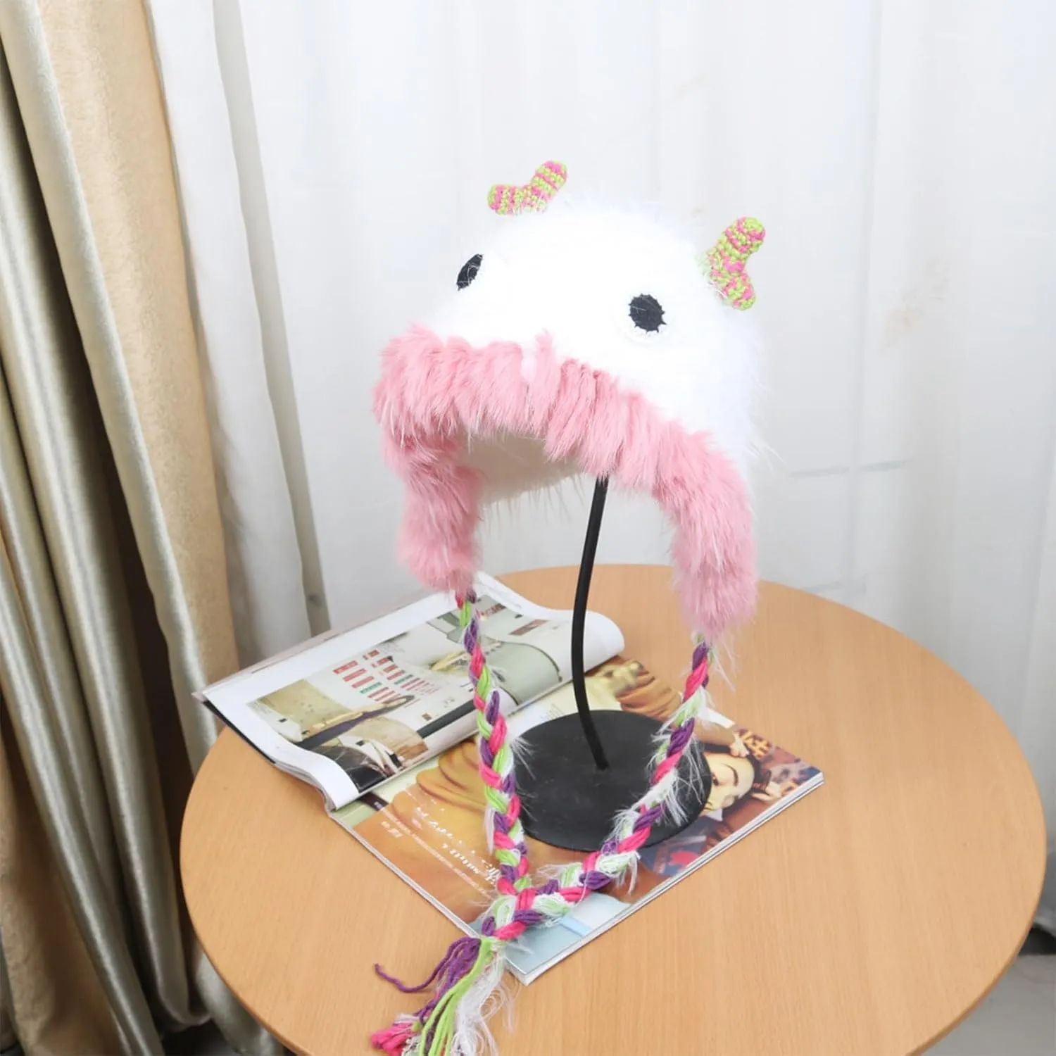Cute Novelty Cartoon Fuzzy Bucket Hats for Women Girls Windproof Faux Fur Trim Braided Drawstring Winter Warm Earflaps Caps