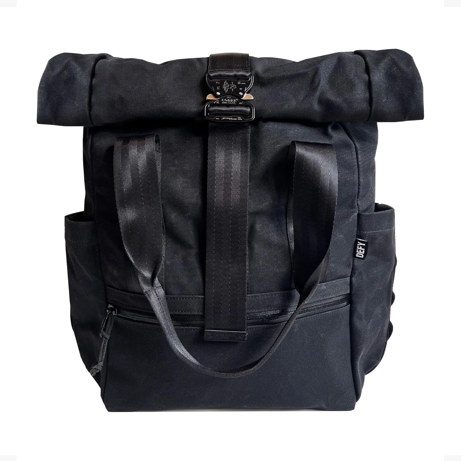 DEFY VerBockel Roll Top Backpack 2.0 | 'Un-Zipped' Waxed Canvas | 28-40 Liter Multi-Use Carry Pack For Men | Utility Backpack w/Laptop Sleeve | Water Repellent Travel Pack (Black)