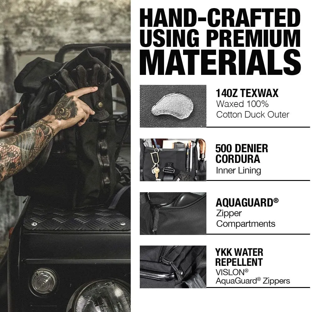 DEFY VerBockel Roll Top Backpack 2.0 | 'Un-Zipped' Waxed Canvas | 28-40 Liter Multi-Use Carry Pack For Men | Utility Backpack w/Laptop Sleeve | Water Repellent Travel Pack (Black)