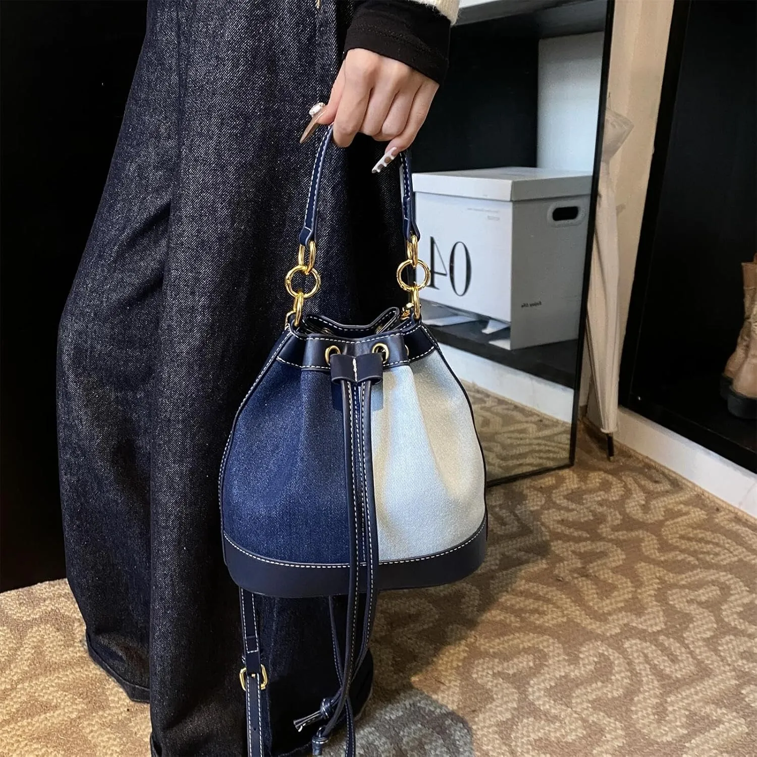 Denim Bucket Bag for Women Handbag Trendy Jean Purse Drawstring Crossbody Shoulder Bag