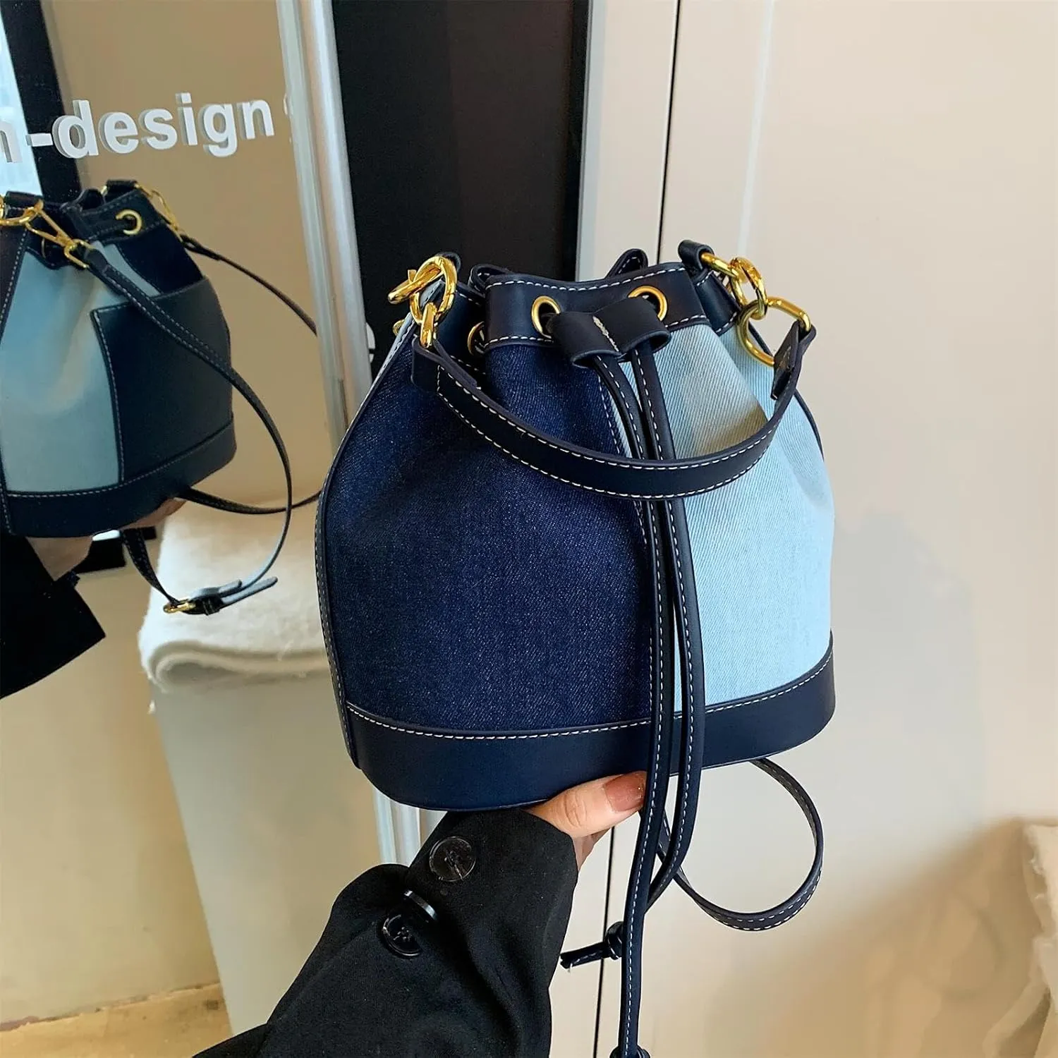 Denim Bucket Bag for Women Handbag Trendy Jean Purse Drawstring Crossbody Shoulder Bag