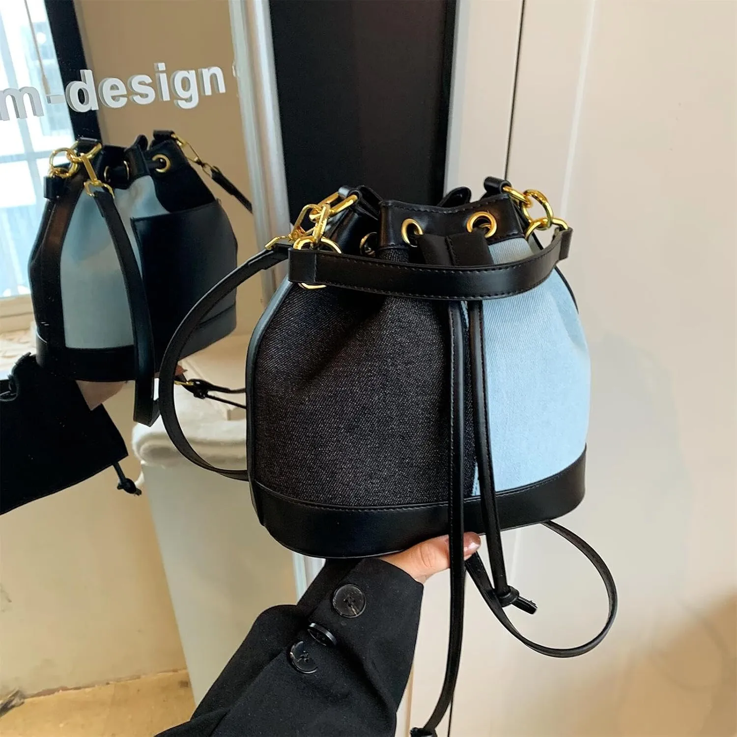 Denim Bucket Bag for Women Handbag Trendy Jean Purse Drawstring Crossbody Shoulder Bag