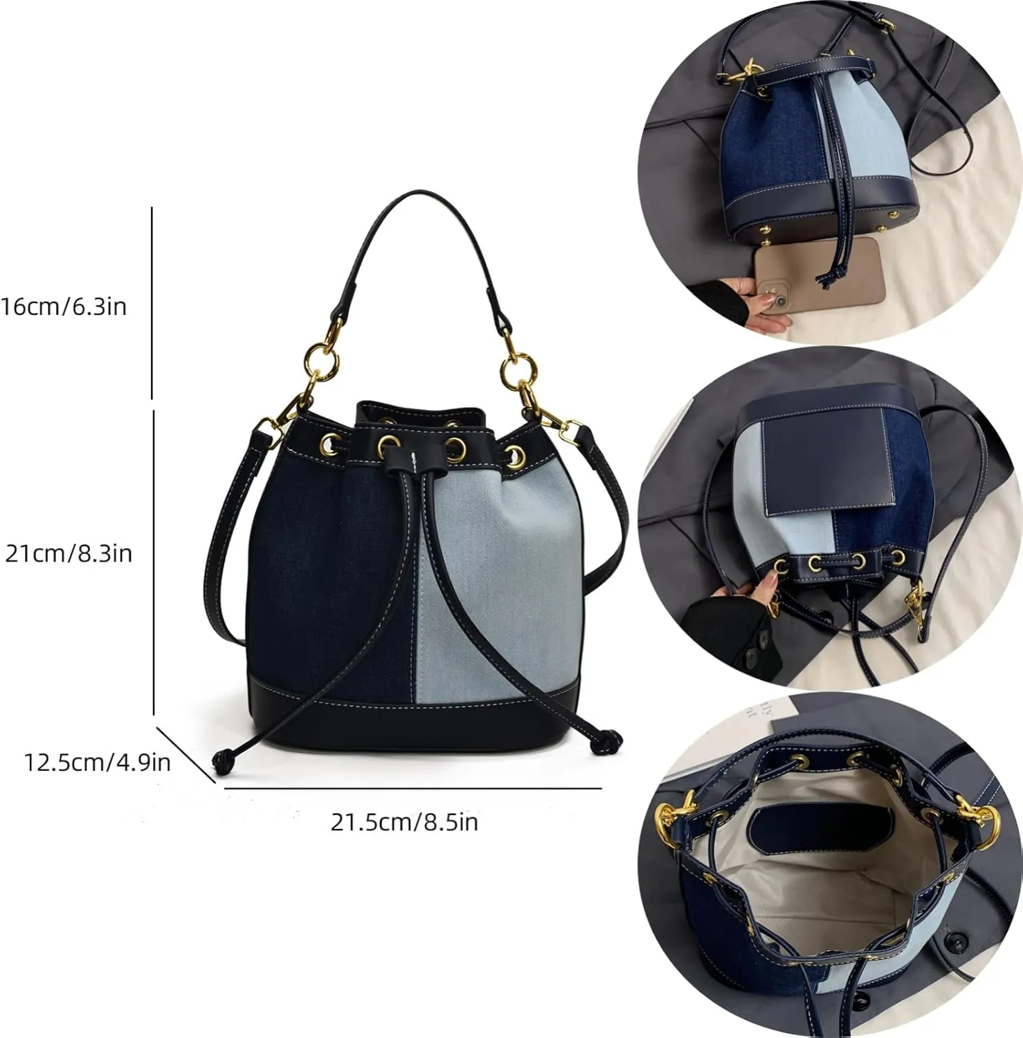 Denim Bucket Bag for Women Handbag Trendy Jean Purse Drawstring Crossbody Shoulder Bag
